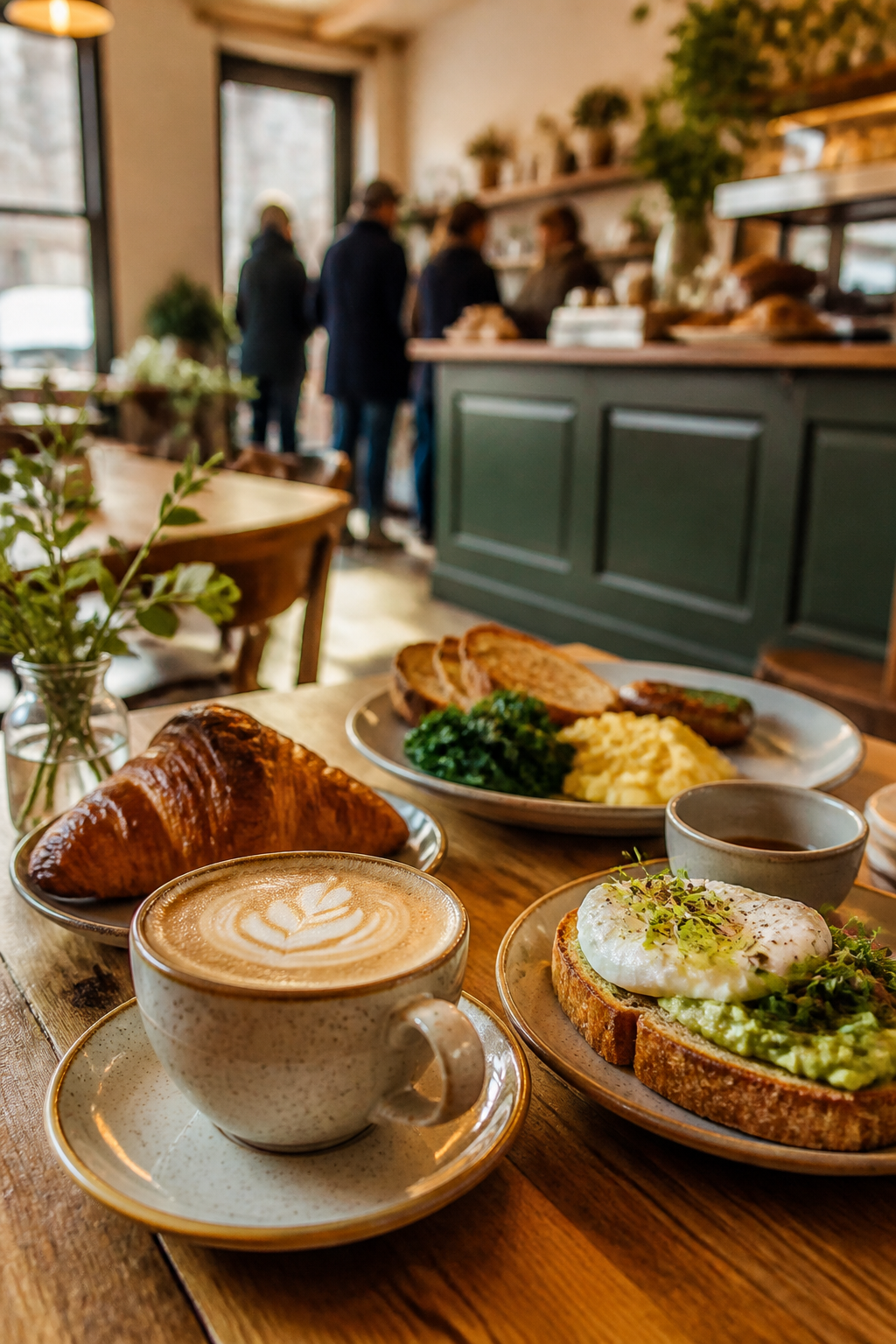 Cafe table with coffee, brunch and pastries
